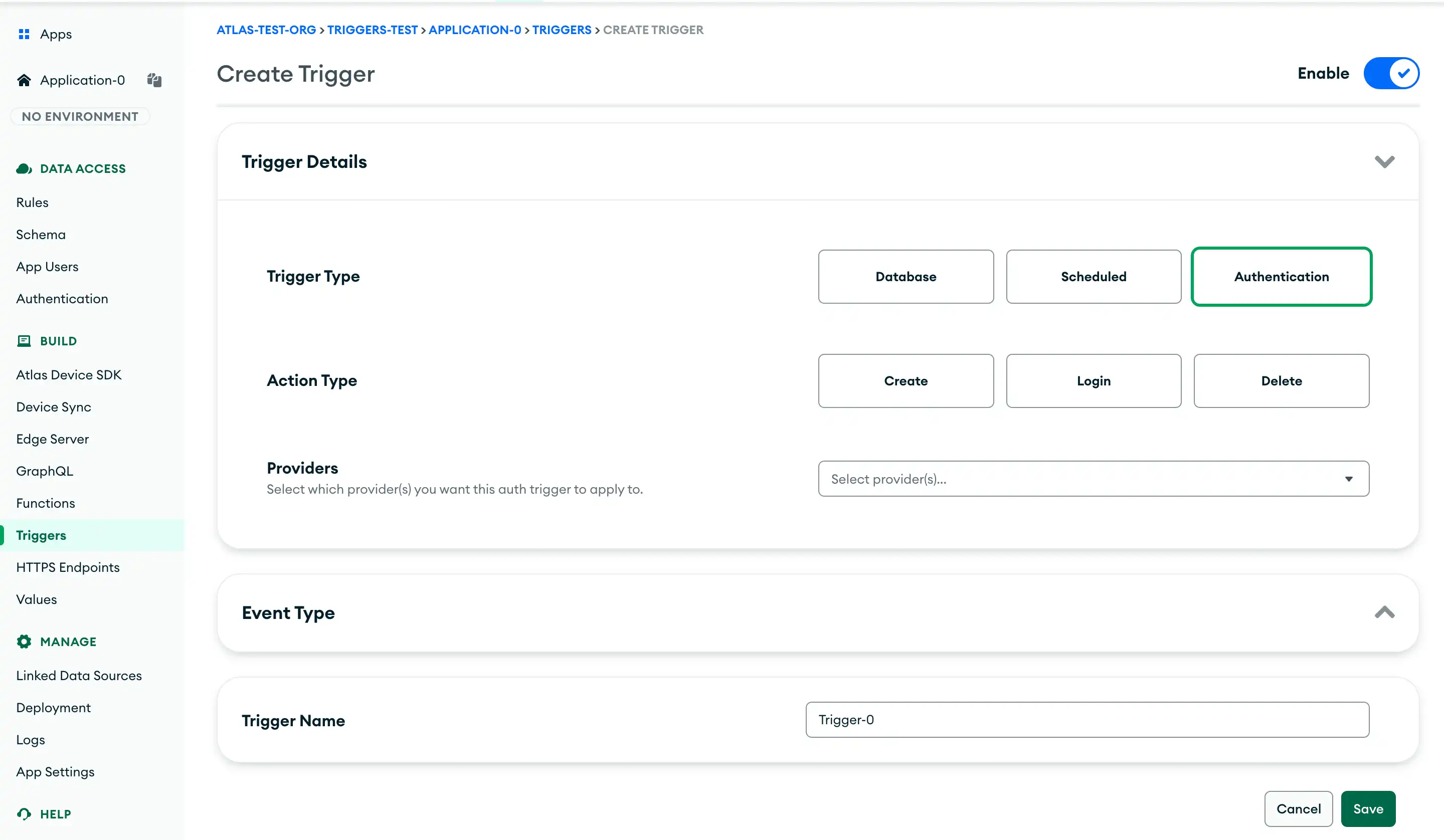 The "Edit Trigger" screen in the App Services UI